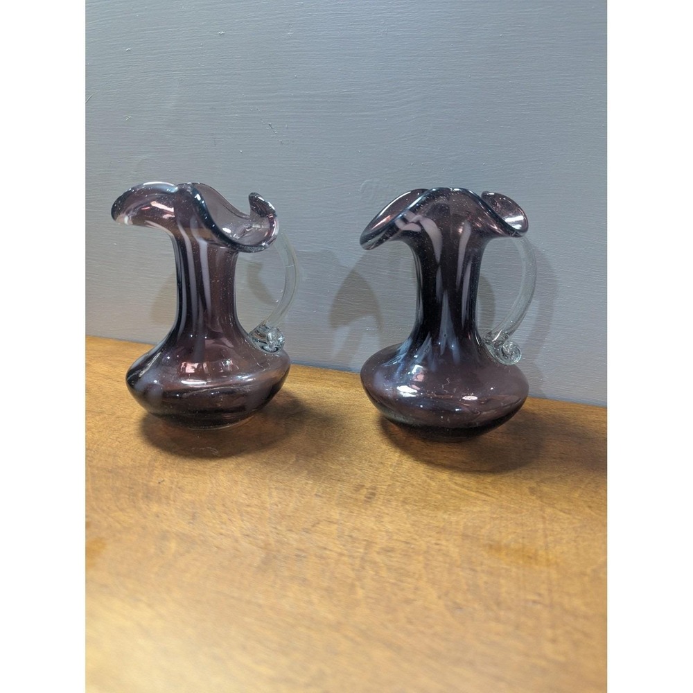 Vintage Fenton Amethyst Purple Hand Blown Art Glass Mini Pitcher Ruffled Set 2